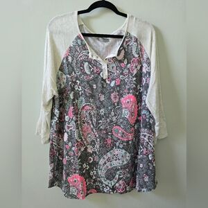 Honeyme Floral Paisley Long Sleeve Top - Gray and Pink